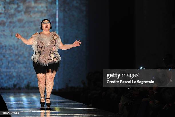 Beth Ditto walks the runway during the Jean Paul Gaultier Ready to Wear Spring/Summer 2011 show during Paris Fashion Week on October 2, 2010 in...