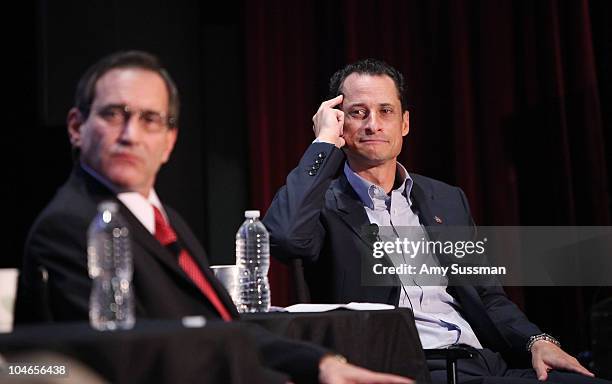S Rick Santelli and Congressman Anthony Weiner attend at "Tea Party" a panel discussion at the 2010 New Yorker Festival at DGA Theater on October 2,...