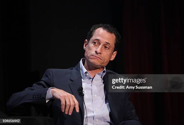 Congressman Anthony Weiner speaks at "Tea Party" a panel discussion at the 2010 New Yorker Festival at DGA Theater on October 2, 2010 in New York...