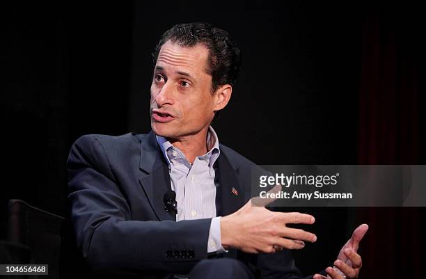 Congressman Anthony Weiner speaks at "Tea Party" a panel discussion at the 2010 New Yorker Festival at DGA Theater on October 2, 2010 in New York...