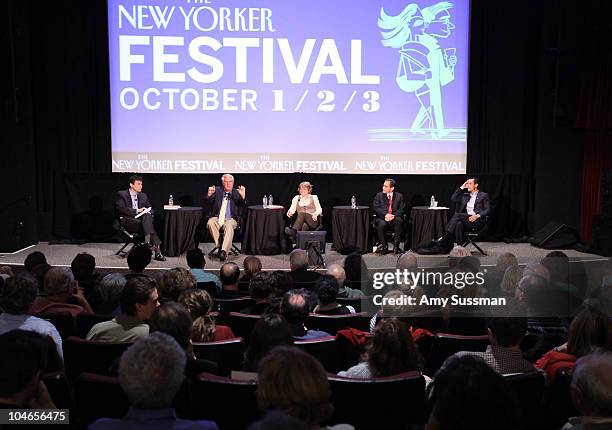 Panel journalist David Remnick, former U.S. Representative Dick Armey, Professor of American History at Harvard Jill Lepore, CNBC's Rick Santelli and...