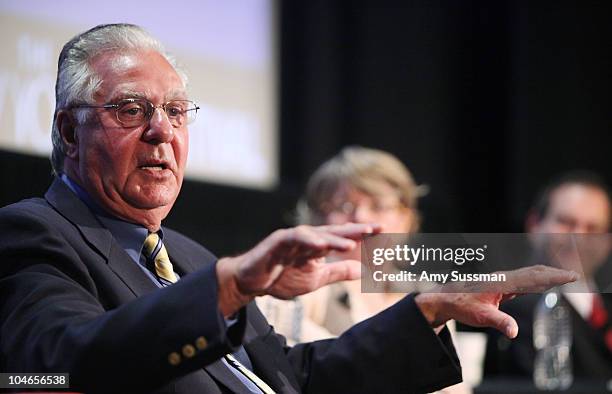 Former U.S. Representative Dick Armey speaks at "Tea Party" a panel discussion at the 2010 New Yorker Festival at DGA Theater on October 2, 2010 in...