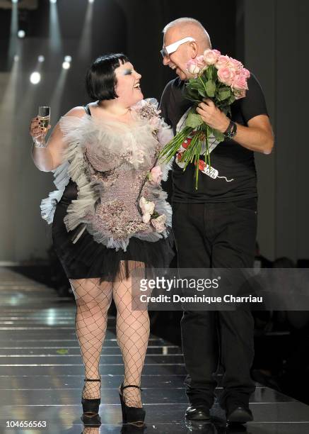 Beth Ditto and Jean-Paul Gaultier walk the runway during the Jean Paul Gaultier Ready to Wear Spring/Summer 2011 show during Paris Fashion Week on...