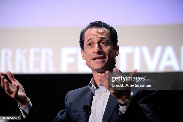 Congressman Anthony Weiner speaks at "Tea Party" a panel discussion at the 2010 New Yorker Festival at DGA Theater on October 2, 2010 in New York...