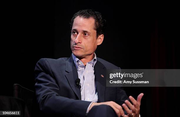 Congressman Anthony Weiner speaks at "Tea Party" a panel discussion at the 2010 New Yorker Festival at DGA Theater on October 2, 2010 in New York...