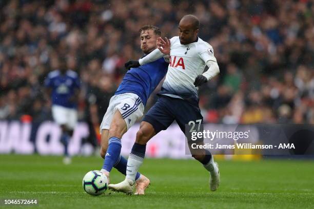 Joe Ralls of Cardiff City and Lucas Moura of Tottenham during the Premier League match between Tottenham Hotspur and Cardiff City at Tottenham...