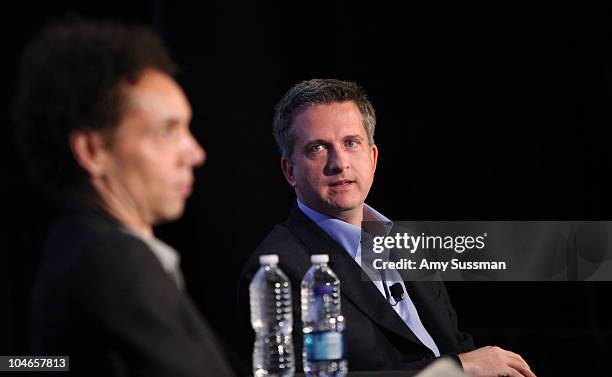 Journalist Malcolm Gladwell and sports writer Bill Simmons speak at the 2010 New Yorker Festival at DGA Theater on October 2, 2010 in New York City.