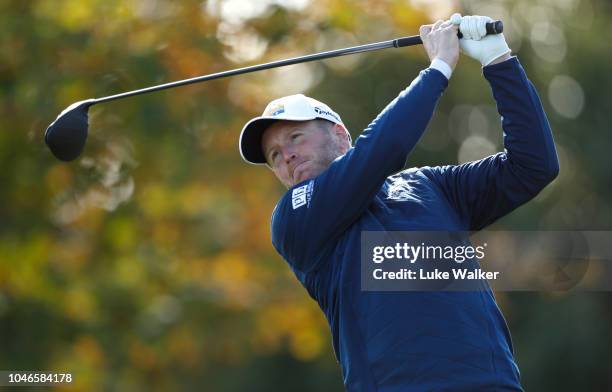 Matt Ford of England plays his tee shot on the 2nd hole during day three of the Monaghan Irish Challenge event at Concra Wood Golf Club on October 6,...