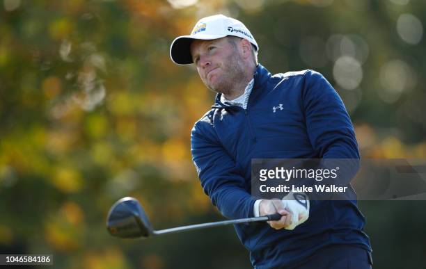 Matt Ford of England plays his tee shot on the 2nd hole during day three of the Monaghan Irish Challenge event at Concra Wood Golf Club on October 6,...