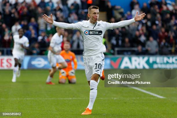 Bersant Celina of Swansea City celebrates his goal during the Sky Bet Championship match between Swansea City and Ipswich Town at the Liberty Stadium...