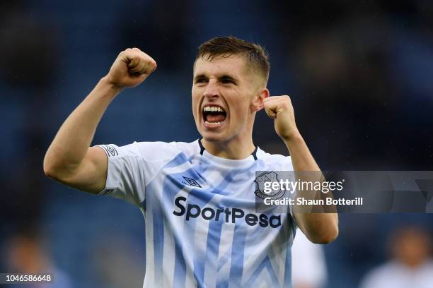 Jonjoe Kenny of Everton celebrates following his sides victory in during the Premier League match between Leicester City and Everton FC at The King...