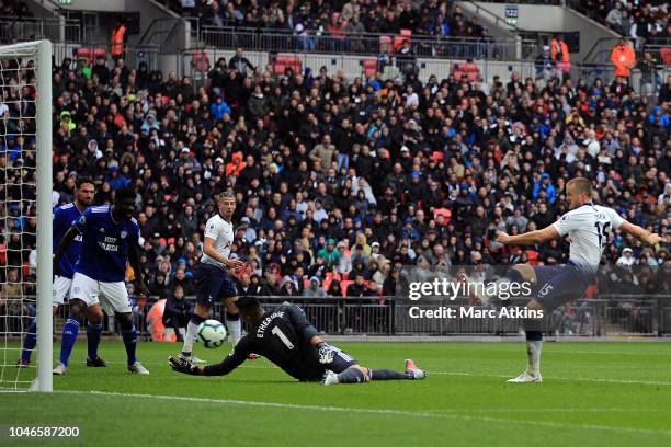 Eric Dier of Tottenham Hotspur scores the winning goal during the Premier League match between Tottenham Hotspur and Cardiff City at Tottenham...