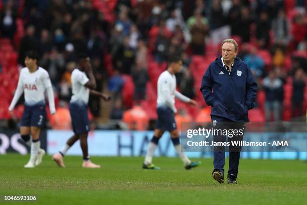 Dejected Cardiff City Manager \ Head Coach Neil Warnock at full time during the Premier League match between Tottenham Hotspur and Cardiff City at...