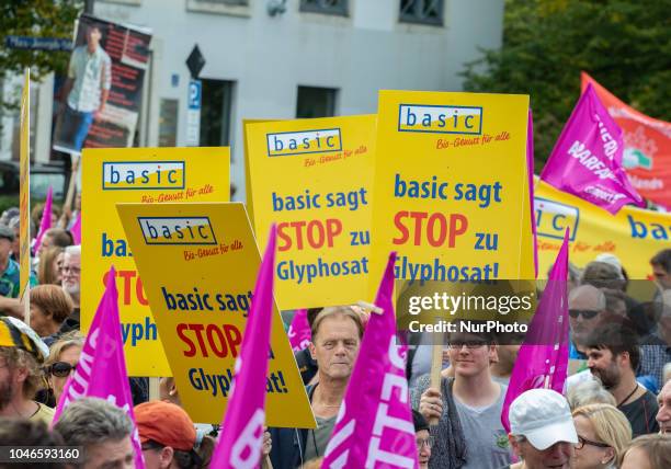 Signs of the organic super market Basic against Glyphosat. Several thousand people demonstrated for a greener farming, against industrial livestock...