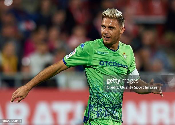 Joaquin Sanchez of Betis reacts during the La Liga match between Girona FC and Real Betis Balompie at Montilivi Stadium on September 27, 2018 in...