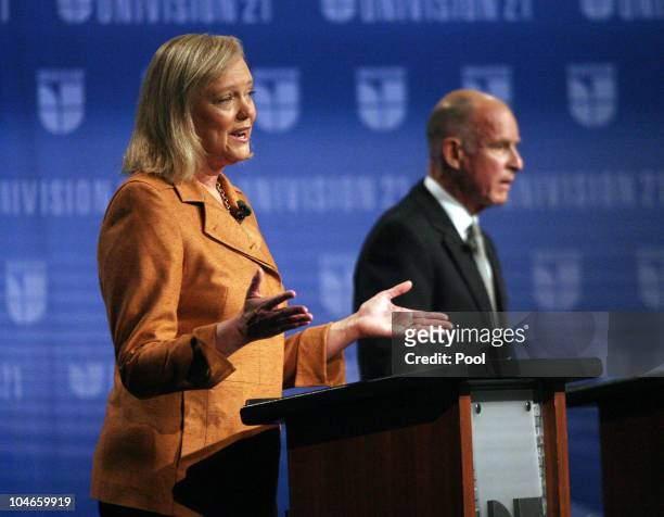 California Republican gubernatorial candidate and former eBay CEO Meg Whitman addresses an issue while her opponent California attorney general and...