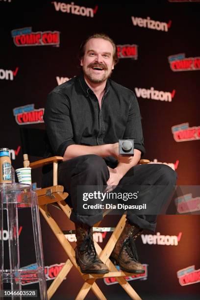 David Harbour speaks onstage during the Hellboy panel during New York Comic Con at Jacob Javits Center on October 6, 2018 in New York City.