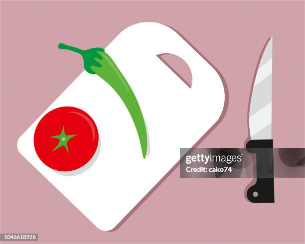 cutting board with knife - slicing tomatoes stock illustrations