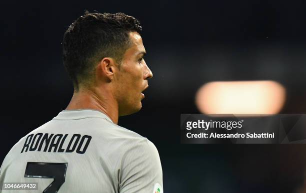 Cristiano Ronaldo of Juventus looks on during the Serie A match between Udinese and Juventus at Stadio Friuli on October 6, 2018 in Udine, Italy.