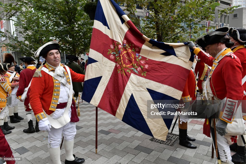 250th Anniversary Of British Redcoats Landing In Boston Re-Enactment
