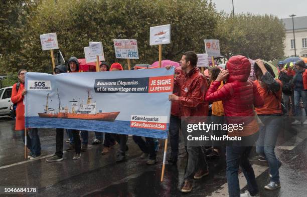 Demonstration to support Aquarius in Nantes, France, on 6 October 2018. 500 people dressed in orange demonstrated in Nantes to support the Aquarius,...