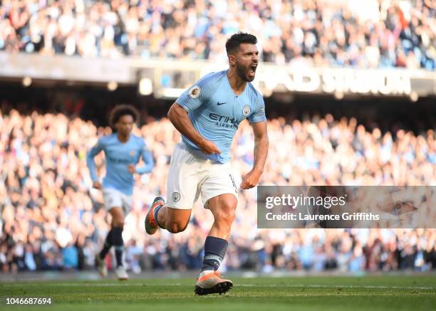 Sergio Aguero of Manchester City celebrates scoring during the Premier League match between Manchester City and Brighton & Hove Albion at Etihad...