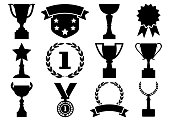 Black and white set awards and cups, vector illustration