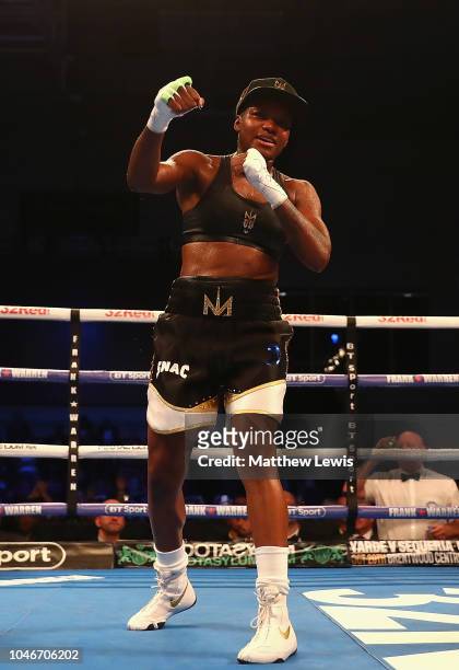 Nicola Adams of England celebrates her win against Isabel Millan of Mexico during the Interim WBO World Female Flyweight Championship contest at...
