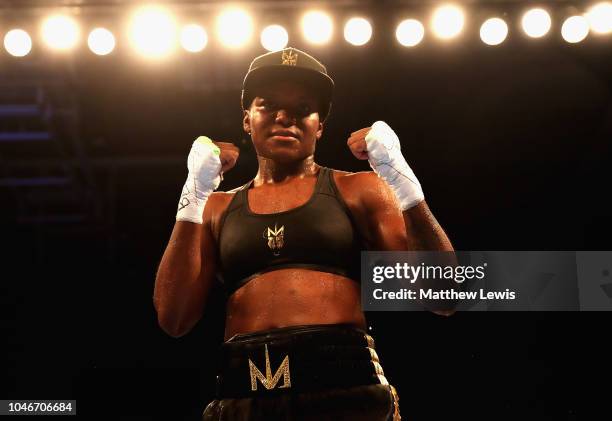 Nicola Adams of England celebrates her win against Isabel Millan of Mexico during the Interim WBO World Female Flyweight Championship contest at...