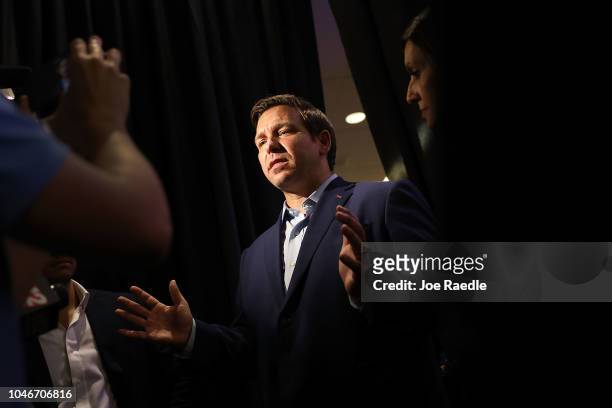 Republican gubernatorial candidate Ron DeSantis speaks to the media as he holds a campaign rally at the Palm Beach County Convention Center on...