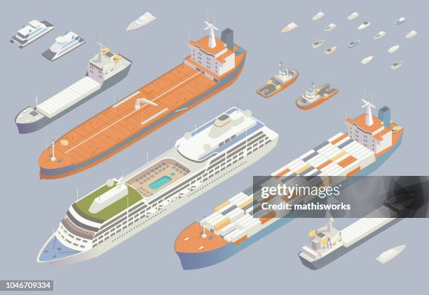 isometrische boote und schiffe - schlepper stock-grafiken, -clipart, -cartoons und -symbole