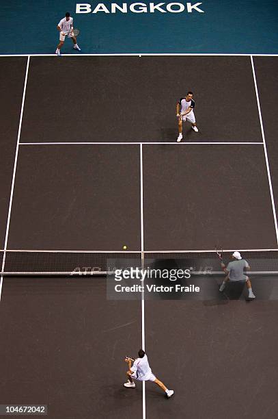 Viktor Troicki of Serbia and Christopher Kas of Germany in action during their doubles match against Jonathan Erlich of Israel and Jurgen Melzer of...