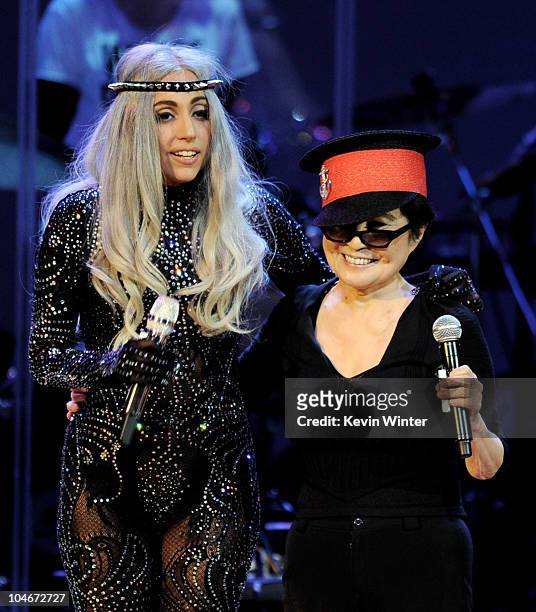 Singer Lady Gaga and singer/artist Yoko Ono perform at "We Are Plastic Ono Band" at the Orpheum Theater on October 2, 2010 in Los Angeles, California.