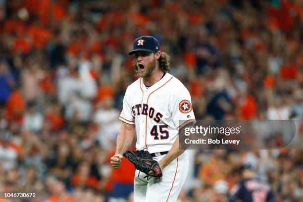 Gerrit Cole of the Houston Astros reacts after a strikeout in the sixth inning against the Cleveland Indians during Game Two of the American League...