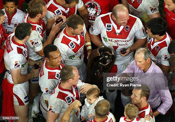 Wayne Bennett, coach of the Dragons speaks to his players after the NRL Grand Final match between the St George Illawarra Dragons and the Sydney...