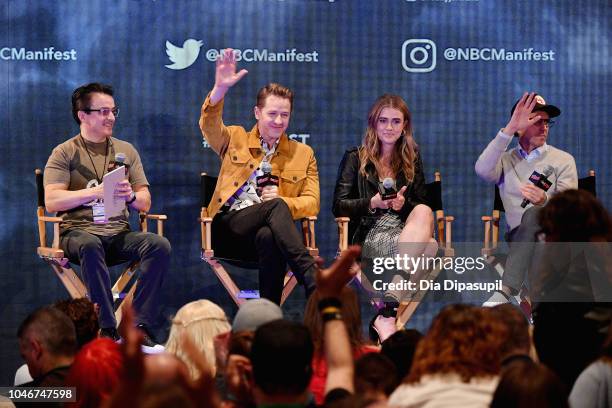 Matt Mitovich, Josh Dallas, Melissa Roxburgh and Jeff Rake speak onstage at the WBTV Panel Block: Manifest panel during New York Comic Con at Jacob...