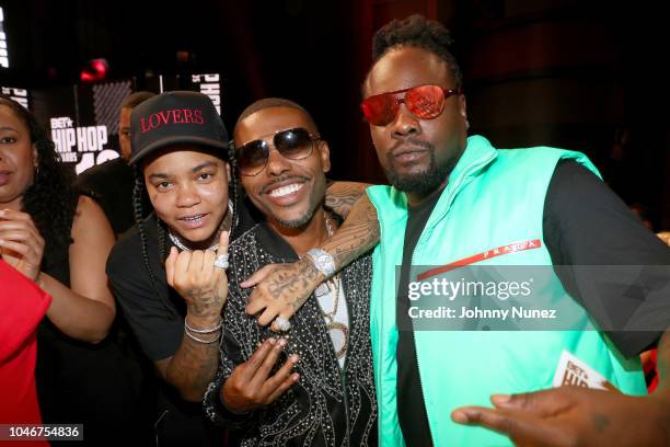 Young Ma, Lil Duval, and Wale pose during the BET Hip Hop Awards 2018 at Fillmore Miami Beach on October 6, 2018 in Miami Beach, Florida.