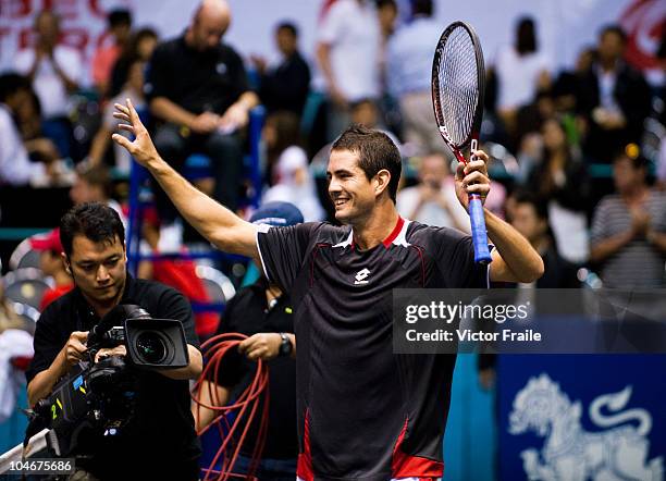 Guillermo Garcia-Lopez of Spain celebrates match point in the singles final match against Jarkko Nieminen of Finland on Day 9 of the PTT Thailand...