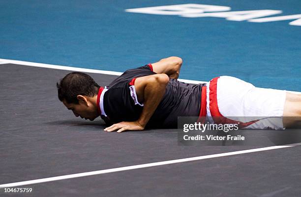 Guillermo Garcia-Lopez of Spain celebrates match point in the singles final match against Jarkko Nieminen of Finland on Day 9 of the PTT Thailand...