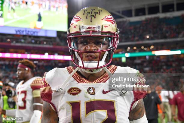 Deondre Francois of the Florida State Seminoles after the game against the Miami Hurricanes at Hard Rock Stadium on October 6, 2018 in Miami, Florida.