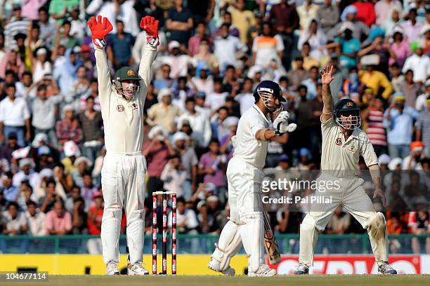 Tim Paine and Simon Katich of Australia appeal successfully for the wicket of Sachin Tendulkar of India during day three of the First Test match...
