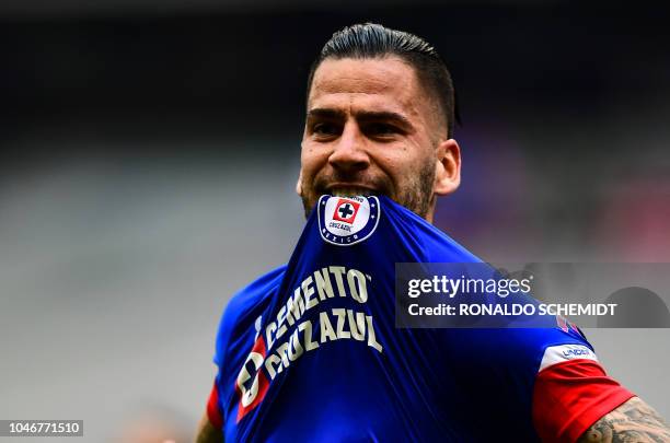 Edgar Mendez of Cruz Azul celebrates his goal against Monterrey during their Mexican Apertura 2018 tournament football match at the Azteca stadium in...