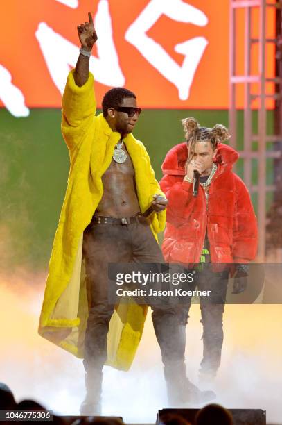 Gucci Mane and Lil Pump onstage during the BET Hip Hop Awards 2018 at Fillmore Miami Beach on October 6, 2018 in Miami Beach, Florida.