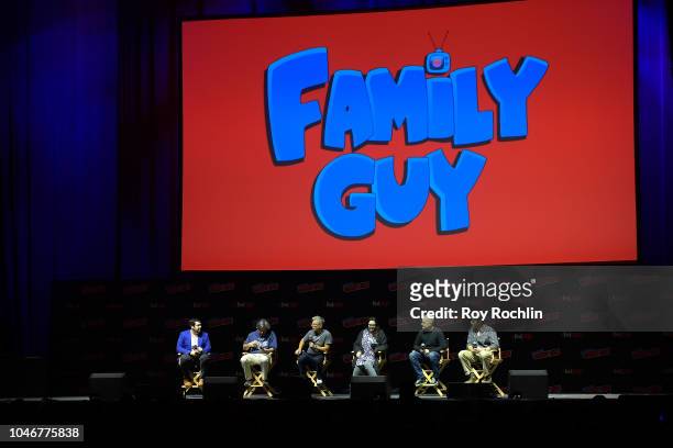 Andy Swift, Alec Sulkin, John Viener, Kara Vallow, Richard Appel, Mike Henry and John Viener speak onstage at the Family Guy panel during 2018 New...