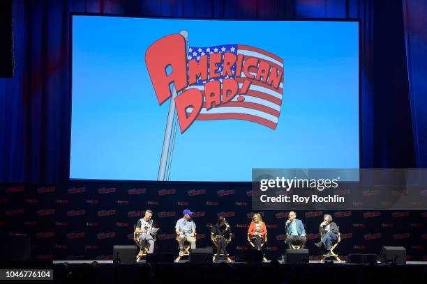 Jordan Blum, Parker Deay, Rachael MacFarlane, Wendy Schaal, Dee Bradley Baker, and Curtis Armstrong speak onstage at the American Dad! panel during...