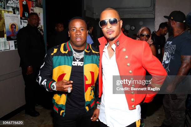 Yo Gotti and T.I. Are seen backstage during the BET Hip Hop Awards 2018 at Fillmore Miami Beach on October 6, 2018 in Miami Beach, Florida.