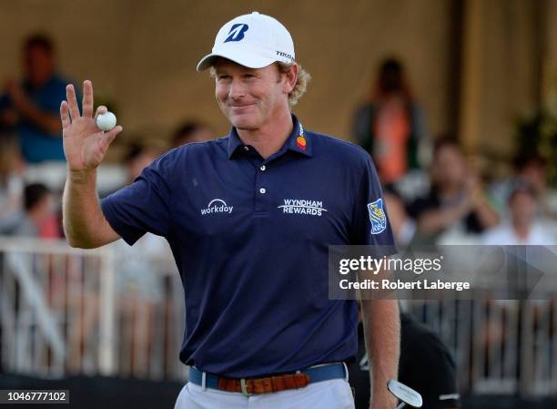 Brandt Snedeker reacts to his putt on the 18th hole during the third round of the Safeway Open at the North Course of the Silverado Resort and Spaon...