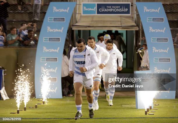Lead by captain Agustin Creevy, players of Argentina get into the field before a match between Argentina and Australia as part of The Rugby...