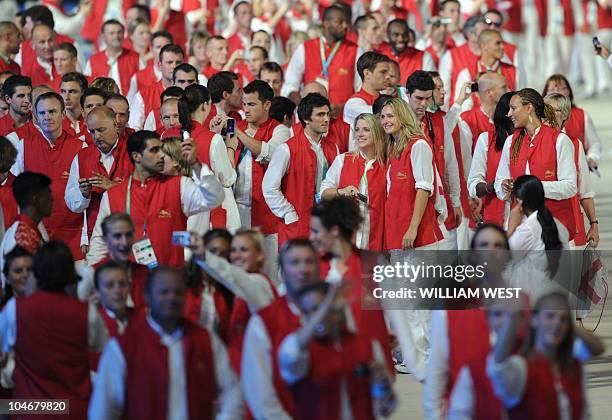 Athletes from England arrive onto the field of the XIX Commonwealth Games opening ceremony at the Jawaharlal Nehru Stadium in New Delhi on October 3,...