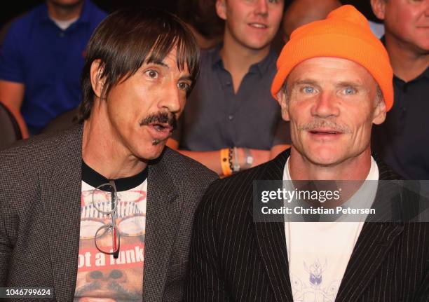 Musicians Anthony Kiedis and Flea of the Red Hot Chili Peppers attend the UFC 229 event inside T-Mobile Arena on October 6, 2018 in Las Vegas, Nevada.